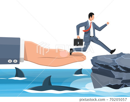 Businessman jumping over shark in water. Businessman jumping over shark in water. 70205057