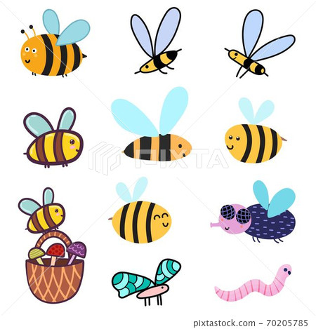 Cute bees set. Clipart bundle with funny colorful insects - bees, fly, worm 70205785