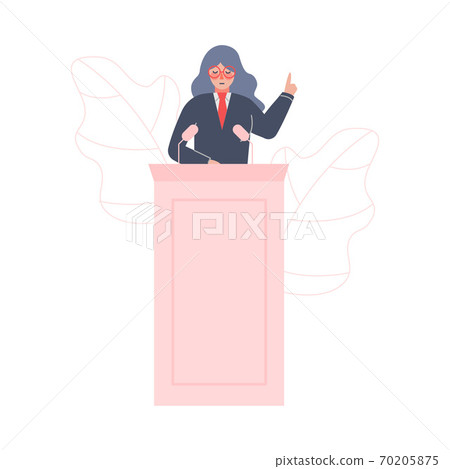 Female Politician Standing Behind Rostrum Giving Speech, Woman Public Speaker Character Giving Talk at Business Conference Vector Illustration Female Politician Standing Behind Rostrum Giving Speech, Woman Public Speaker Character Giving Talk at Business Conference Vector Illustration 70205875