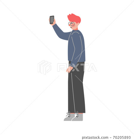Side View of Young Man Standing, Listening Attentively and Recording Video or Audio Information on Smartphone Vector Illustration 70205893