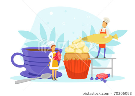 Team of Confectioners Decorating Cupake with Cream, Tiny People in Uniform and Cap Cooking in Kitchen Vector Illustration Team of Confectioners Decorating Cupake with Cream, Tiny People in Uniform and Cap Cooking in Kitchen Vector Illustration 70206098