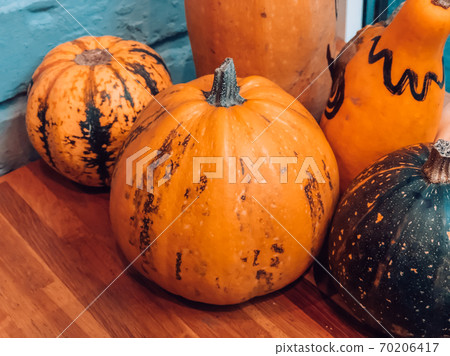Pumpkins in the interior as a symbol of the Halloween holiday. Photo of pumpkins. Healthy eating. Pumpkins in the interior as a symbol of the Halloween holiday. Photo of pumpkins. Healthy eating. 70206417