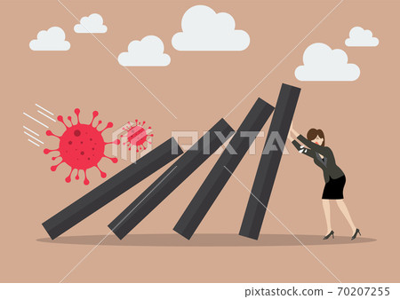 Business woman leader help pushing domino tiles falling in economic collapse from COVID-19 virus 70207255