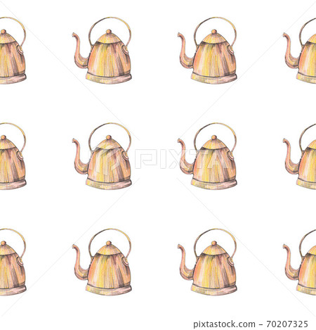 Teapot pattern. Hand drawn copper teapots on white background. Seamless backdrop. Teapot pattern. Hand drawn copper teapots on white background. Seamless backdrop. 70207325