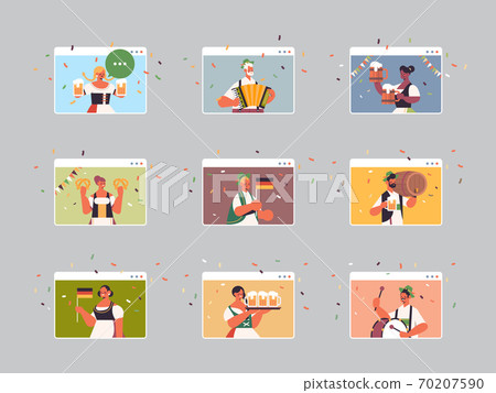 set mix race people celebrating Oktoberfest festival men women in web browser windows having fun 70207590
