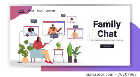 woman having virtual meeting with family members in web browser windows video call online communication 70207668