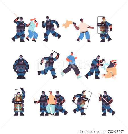 set riot police officers attacking street protesters during clashes demonstration control 70207671