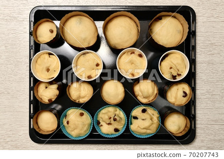 Shapes with rising yeast dough, seasoned with raisins. Cooking Easter cakes. The process fermentation in baking molds. Shapes with rising yeast dough, seasoned with raisins. Cooking Easter cakes. The process fermentation in baking molds. 70207743