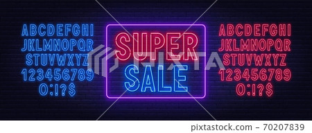 Super sale neon sign on dark background. Template for design. Super sale neon sign on dark background. Template for design. 70207839