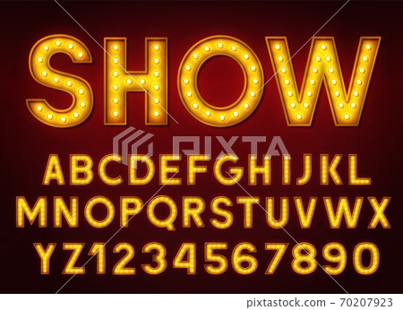 3d light bulb alphabet with numbers on a dark background. 70207923