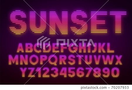 Futuristic retrowave font. Striped gradient glowing letters and numbers on dark background. 70207933
