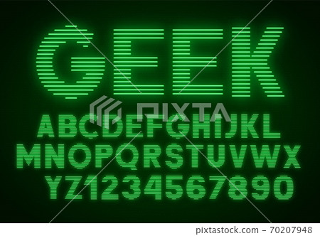 Striped glowing letters and numbers on dark background. Retro green front. 70207948