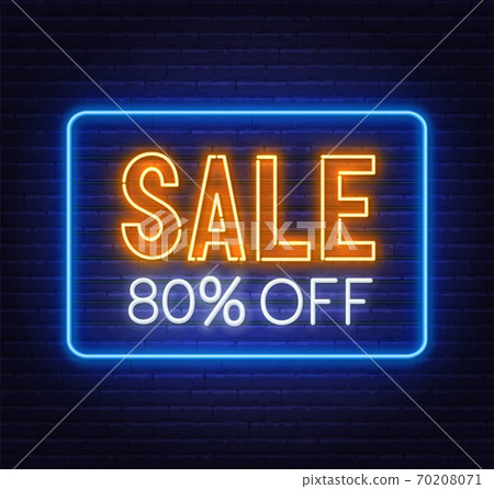 Sale 80 percent off neon sign on brick wall background. 70208071
