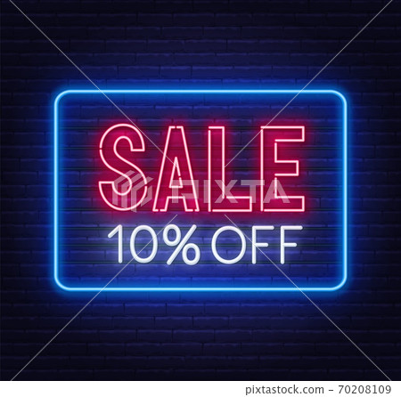 Sale 10 percent off neon sign on brick wall background. 70208109