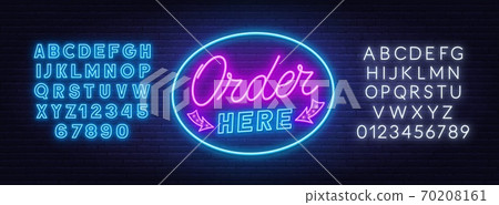 Order here neon sign on brick wall background. 70208161