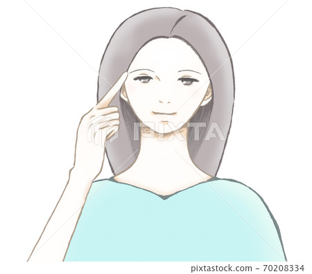 指著眉毛一個年輕女子的插圖 指著眉毛一個年輕女子的插圖 70208334