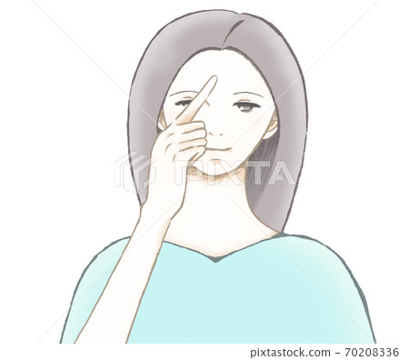 指向她的額頭上一個年輕女子的插圖 指向她的額頭上一個年輕女子的插圖 70208336
