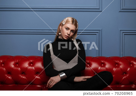 European young woman fashion model in black 70208965