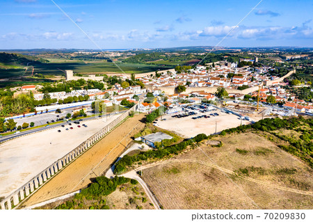 Aerial view of Obidos with the Usseira Aqueduct in Portugal Aerial view of Obidos with the Usseira Aqueduct in Portugal 70209830