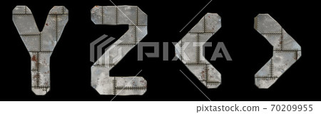 Set of capital letters Y, Z and symbol left and right angle bracket made of industrial metal isolated on black background. 3d 70209955
