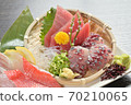 Assorted sashimi of tuna, horse mackerel, goldfish, grunt (close-up from diagonally above) 70210065