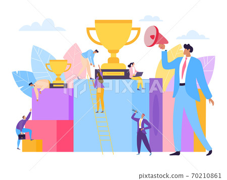 Business success achievement, vector illustration. Teamwork character career winner, team growth for trophy, leader motivation. 70210861