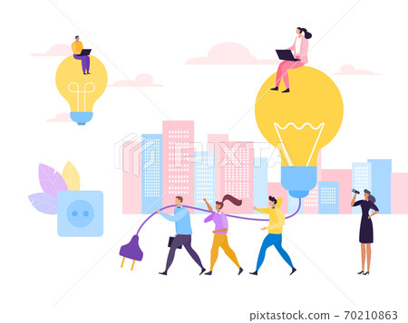 Business creative cooperation, finance idea vector illustration. Man woman office worker people plug project in flat socket. 70210863