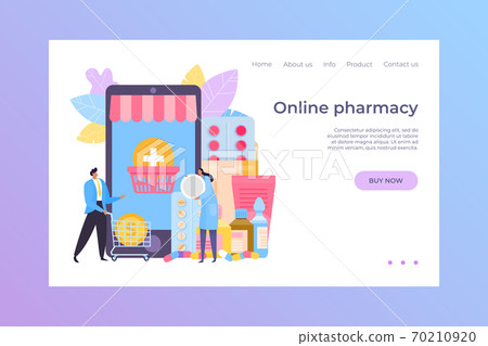 Medical online pharmacy concept, vector illustration. Medicine mobile app, smartphone flat design and internet healthcare. 70210920