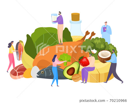 Keto diet, fat food concept vector illustration. Ketogenic protein and carb nutrition lifestyle, healthy flat avocado, fish. 70210966