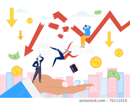 Bankruptcy and financial crisis, economy down graph vector illustration. Businessman finance and money recession, risk to loss Bankruptcy and financial crisis, economy down graph vector illustration. Businessman finance and money recession, risk to loss 70211019