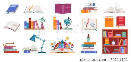 Books vector illustration set, cartoon pile stack of textbooks on bookshelf, open and closed books, adventure story fairy tales literature 70211161