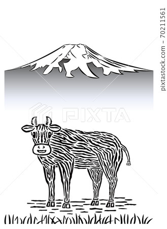 Ushi-kun and Fuji 1 Print-style monochrome Ushi-kun and Fuji 1 Print-style monochrome 70211561