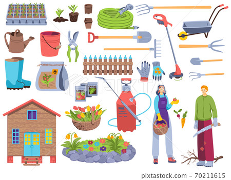 Garden tools vector illustration set, cartoon flat man woman gardener character with farm equipment for gardening work isolated on white Garden tools vector illustration set, cartoon flat man woman gardener character with farm equipment for gardening work isolated on white 70211615