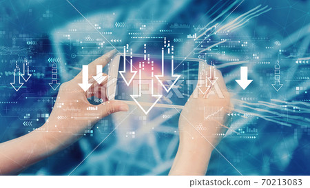 Descending arrows with person using smartphone Descending arrows with person using smartphone 70213083