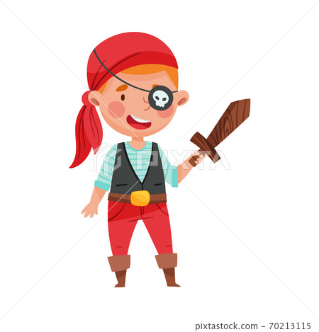 Funny Boy Standing in Pirate Costume and Wooden Sword Vector Illustration 70213115