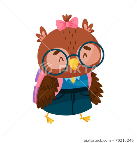 Funny Owl in Glasses and with Backpack Going to School Vector Illustration Funny Owl in Glasses and with Backpack Going to School Vector Illustration 70213246