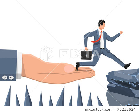 Businessman jumps to goal through abyss. Businessman jumps to goal through abyss. 70213624
