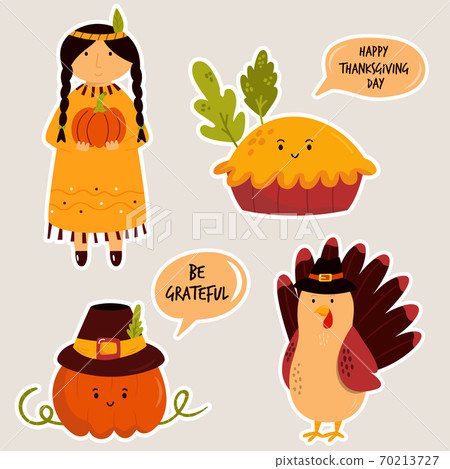 Set of cute colorful stickers for Thanksgiving day. Indian girl, turkey, funny pie and pumpkin 70213727