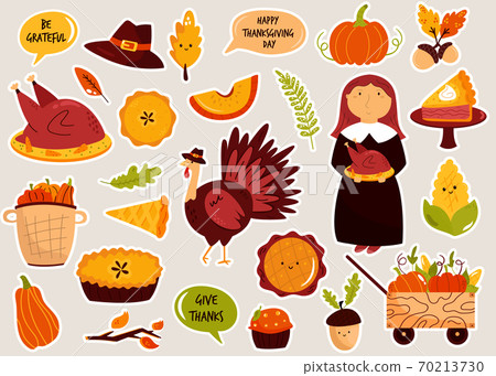 Set of cute colorful stickers with famous symbols of Thanksgiving day. Funny vector illustrations. 70213730