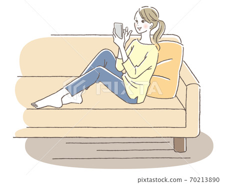 A woman relaxing on the sofa while looking at... - Stock Illustration ...