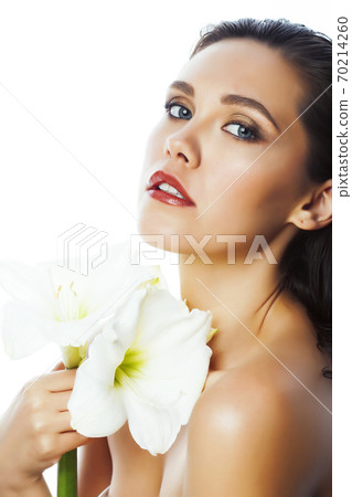young pretty woman with Amarilis flower closeup isolated on white macro young pretty woman with Amarilis flower closeup isolated on white macro 70214260