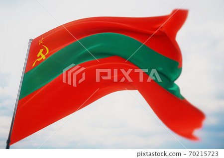 Waving flags of the world - flag of Transnistria. Shot with a shallow depth of field, selective focus. 3D illustration. Waving flags of the world - flag of Transnistria. Shot with a shallow depth of field, selective focus. 3D illustration. 70215723