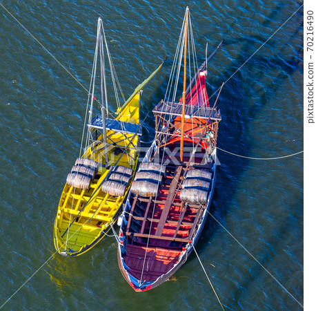 Porto. Multicolored boats for wine transportation. 70216490