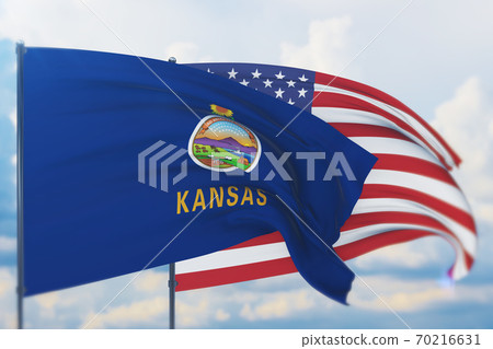 State of Kansas flag. 3D illustration, flags of the U.S. states and territories State of Kansas flag. 3D illustration, flags of the U.S. states and territories 70216631