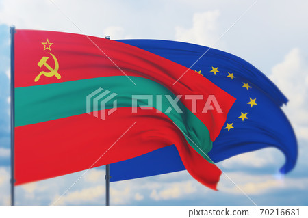 Waving European Union flag and flag of Transnistria. Closeup view, 3D illustration. Waving European Union flag and flag of Transnistria. Closeup view, 3D illustration. 70216681