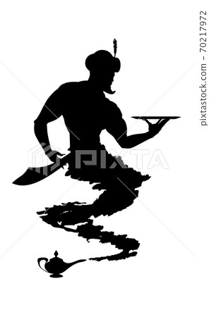 Silhouette helpful genie from Arabic lamp. Detailed contour black. Vector isolated illustration 70217972