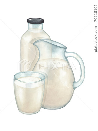 Watercolor composition of the glass, bottle and jug of milk. 70218105