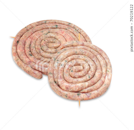 Spiral barbecue sausages, BBQ, isolated on white background. Spiral barbecue sausages, BBQ, isolated on white background. 70219122