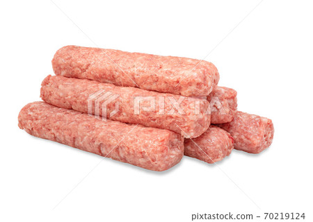 Row of fresh raw beef kebabs isolated on white Row of fresh raw beef kebabs isolated on white 70219124