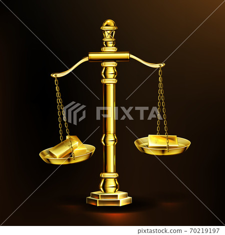 Gold bars on scales, golden weights with bullions Gold bars on scales, golden weights with bullions 70219197
